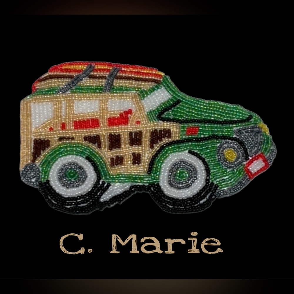 Vintage C MARIE Beaded Beach “Woody Car” Station Wagon Surf Boards Change Purse